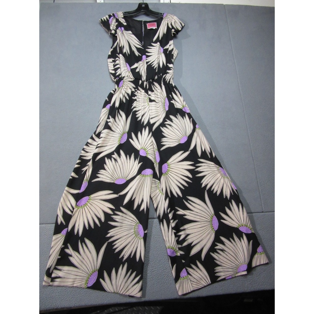 Kate Spade Jumpsuit Womens 12 Black Excellent Floral Smocked Wide Leg NJMUB171